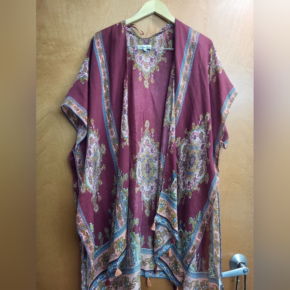 Magenta Boho Floral Mandala Tassle Cardigan One Sz - Picture 2 of 9
